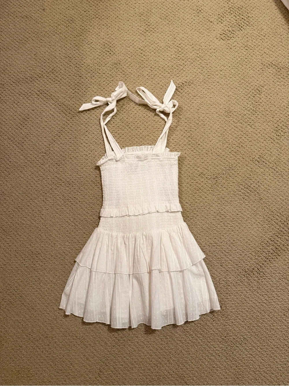 Katie J NYC White Smocked Tiered Sundress with Tie Straps